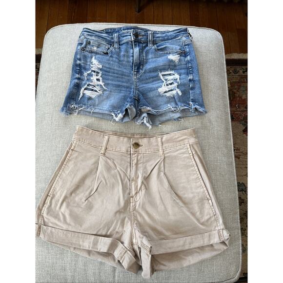 American eagle Pants - American Eagle Sz 4 Shorts Hi-Rise Shortie Distress Denim Khaki LOT of 2 Pairs